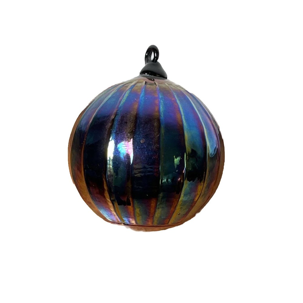 Holiday Vtg Iridescent Rainbow Ribbed Blown Glass Christmas Ornament Ball, 3”
